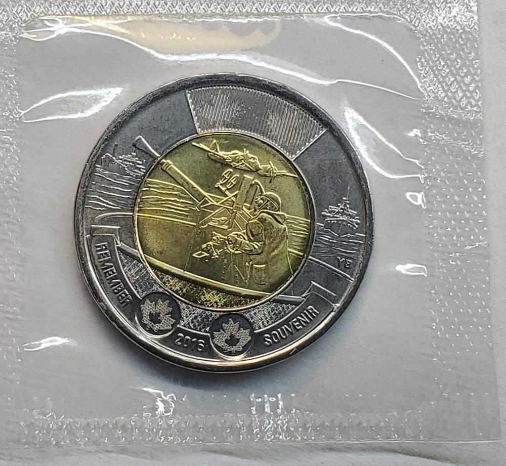 2016 CANADA 2 Dollar REMEMBER Toonie Coin in Plio Plastic Mint Wrap UNC