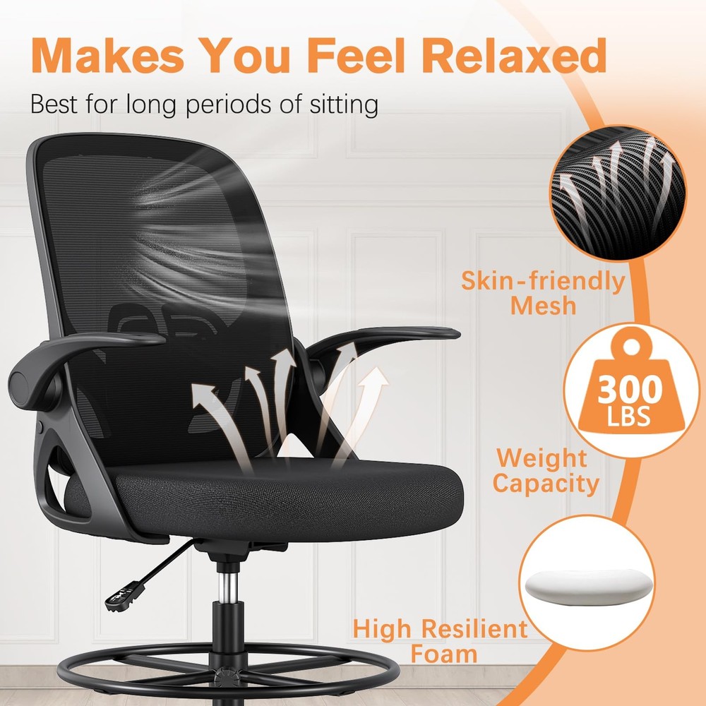 Tall Drafting Chair with Lumbar Support and Footrest Ring, Supportive Tall Ex...