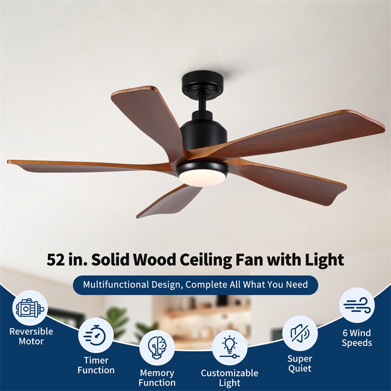 52" Farmhouse Solid Wood Ceiling Fan Reversible Motor w/Light Wall Switch Remote