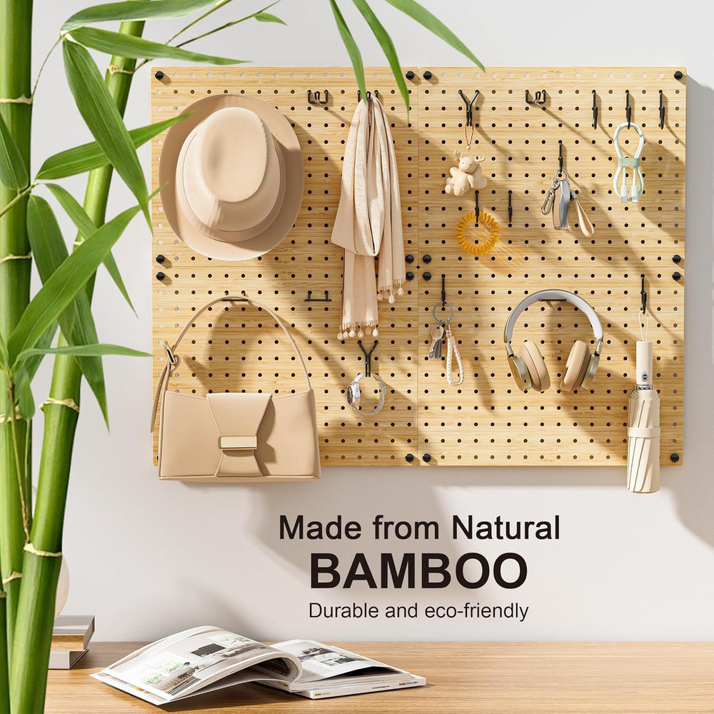 Bamboo Peg Board, Eco-Friendly Pegboard Organizer Set with 35 Hooks – Wall Mount