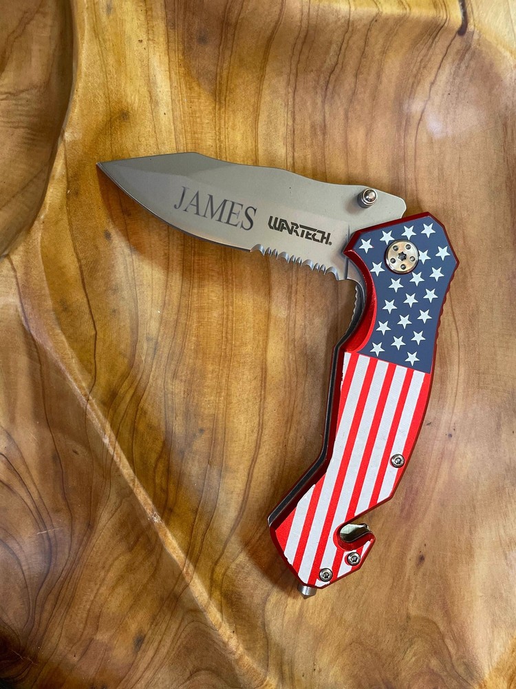 Personalized SA American Flag Pocket Knife Silver Wartech