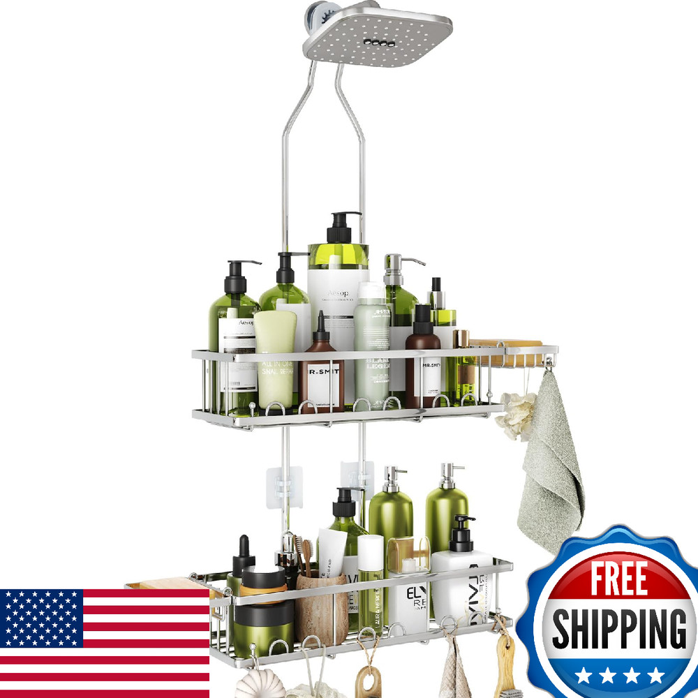 Skyapex Adjustable Rustproof Shower Caddy - Hooks, 2 Soap Holders, Silver