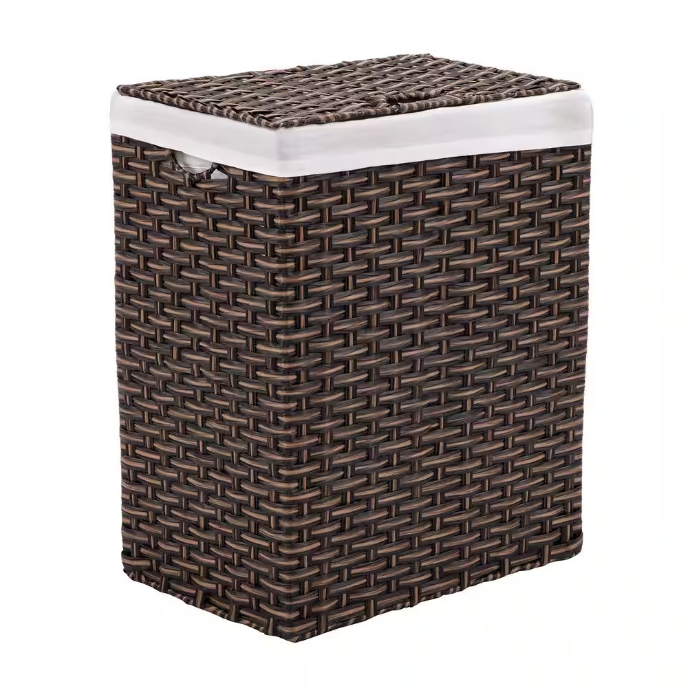 Laundry Hamper Basket Lidded Rectangular Brown Collapsible Wicker Washable Liner