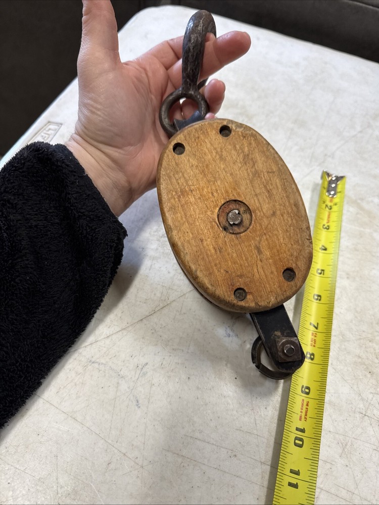 Antique Single Wood Block Pulley Rigging 12” Total