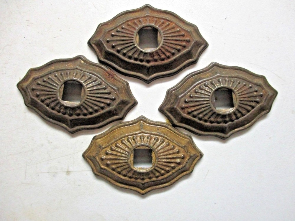 Small 1900s Aged Dark Brass Plated Drop Ring Pull Handle & Backplate 1 Antique