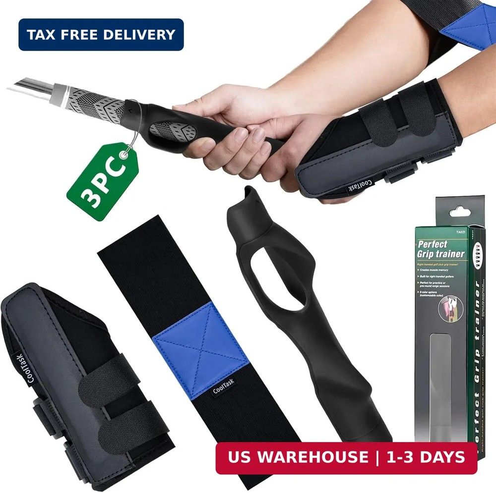3 Piece Golf Grip Trainer Set, Golf Training Aid with Swing Correction Arm Strap