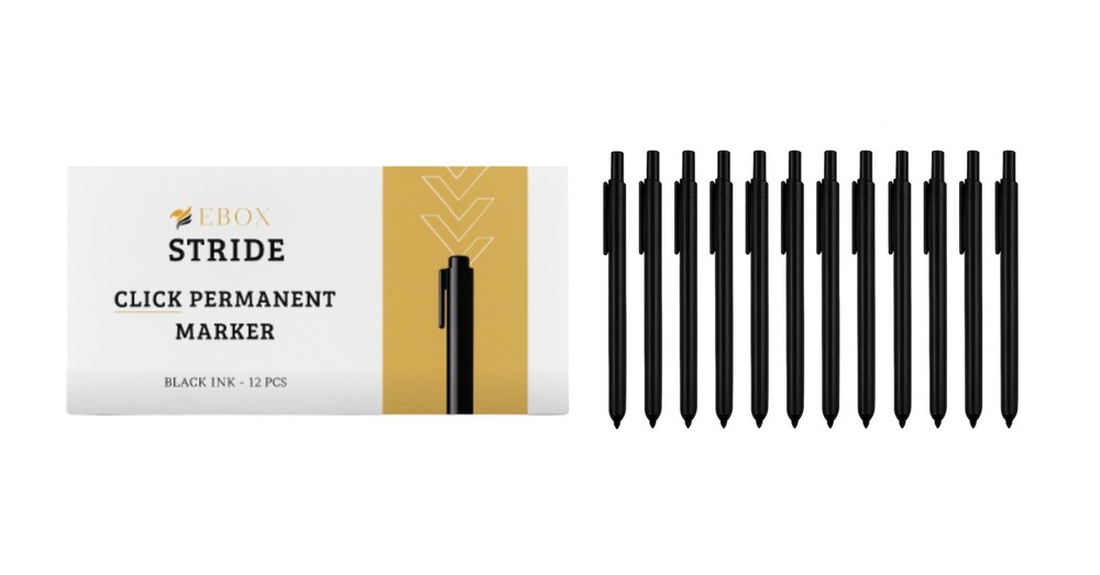 Retractable Permanent Marker Fine Point Black Quick Dry Multi Surface 12 PC