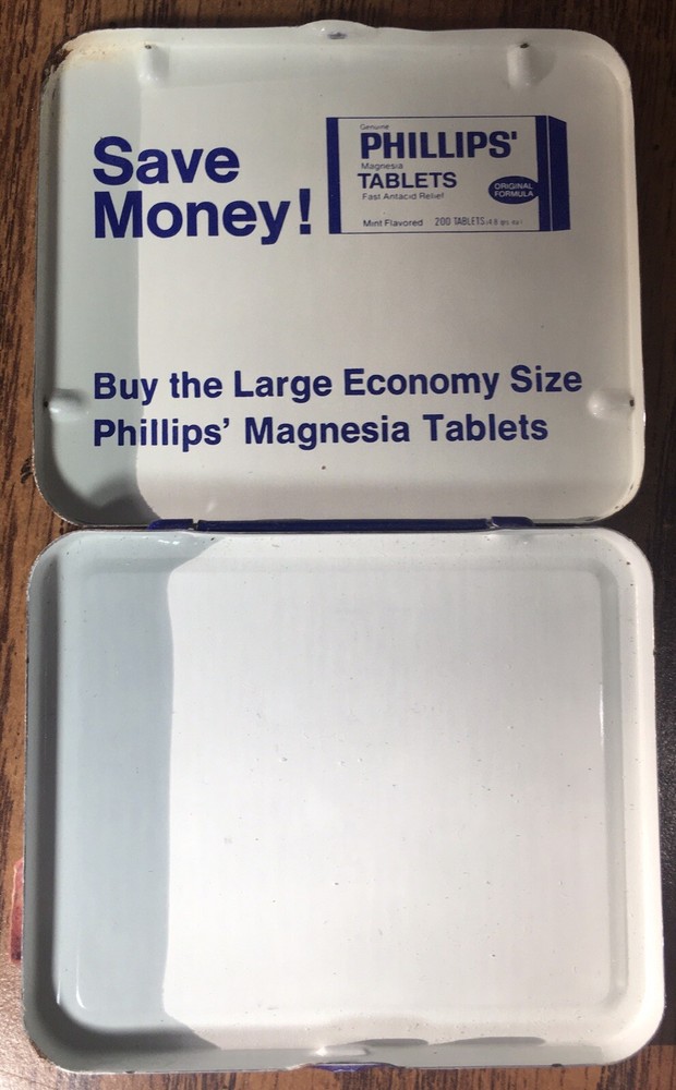 Phillips’ Magnesia Tablets Tin, Vintage White Blue, 30 Tablets