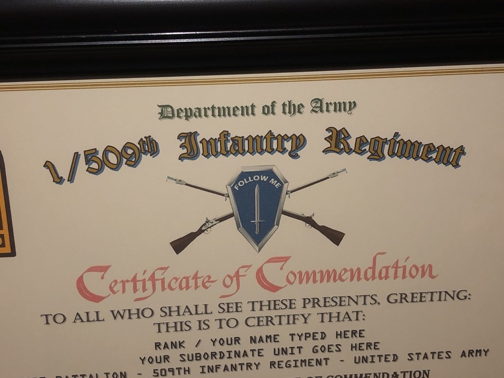1/509TH INFANTRY REGIMENT / COMMEMORATIVE - CERTIFICATE OF COMMENDATION