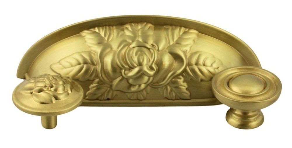 3-3/4" Old Rose Pattern Cup Pull Satin Brass