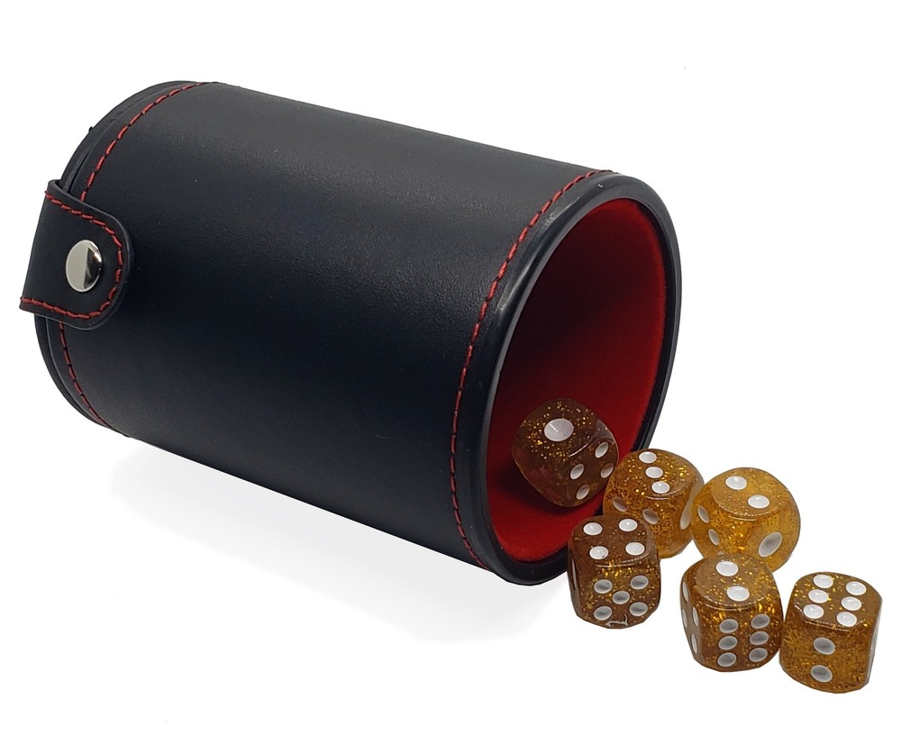 6 Yellow Glitter Dice Rounded Corners +PU Leather Red Felt Lined Cup Compartment