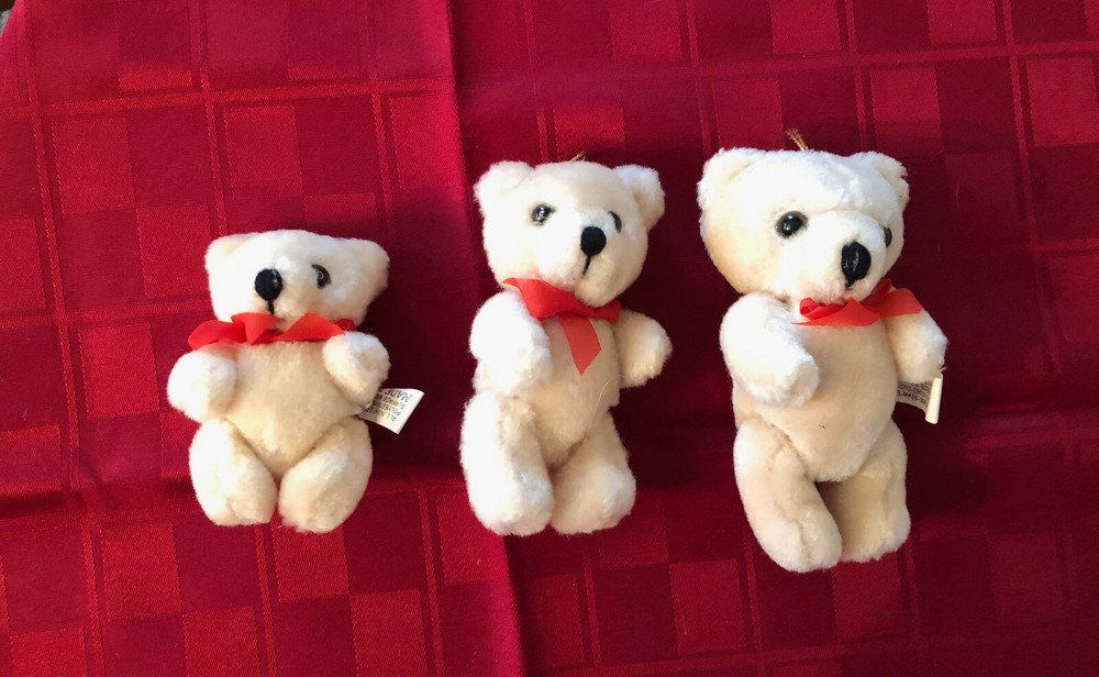 3 JOINTED BEIGE PLUSH TEDDY BEARS WITH RED BOWS-SMALL MEDIUM LARGE