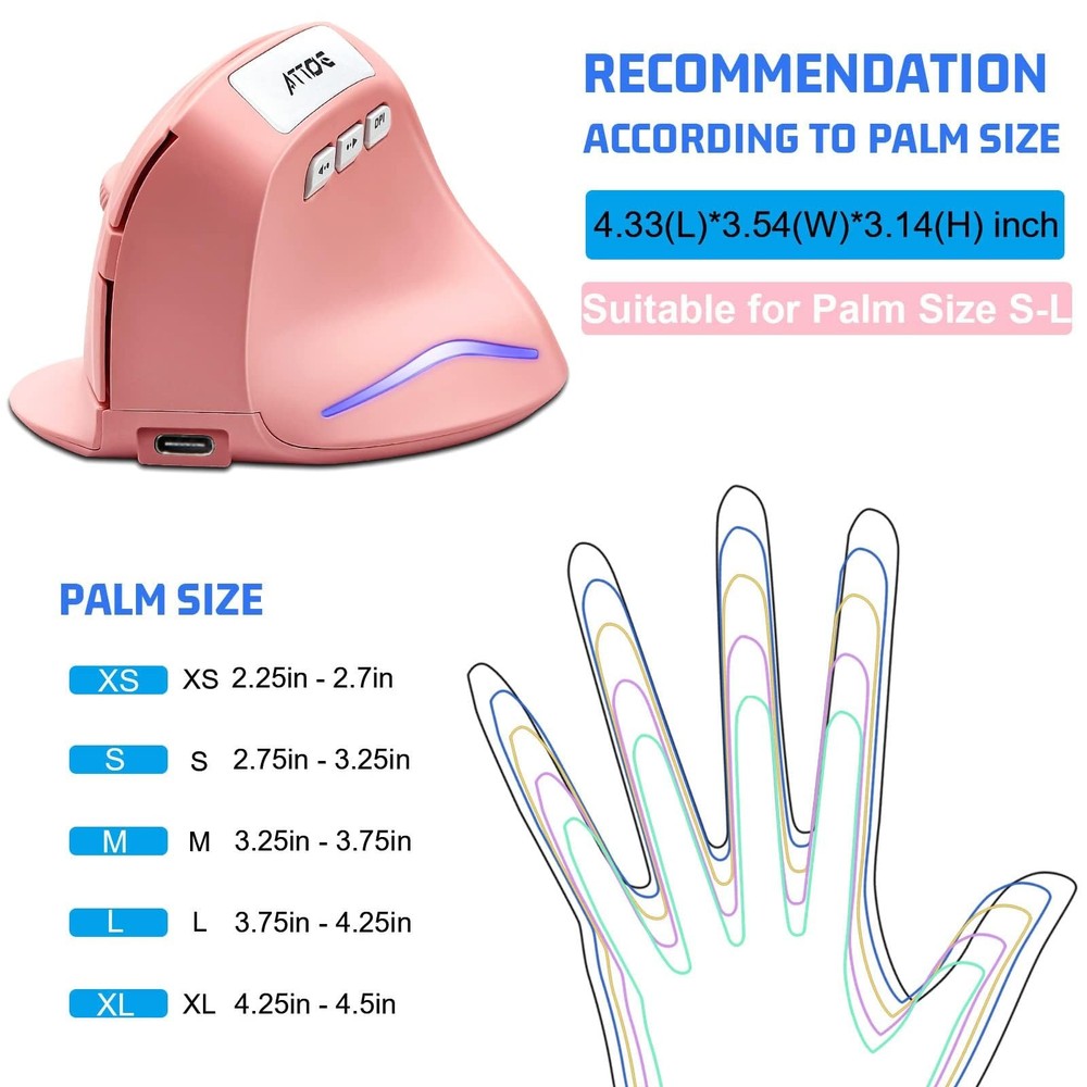 Wireless Vertical Ergonomic Optical Mouse Pink Computer Mouse with 3 Adjustab...