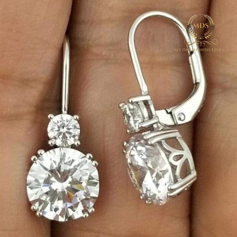 14K Solid White Gold Moissanite Drop/Dangle Earrings Excellent Round Cut 2.30 CT