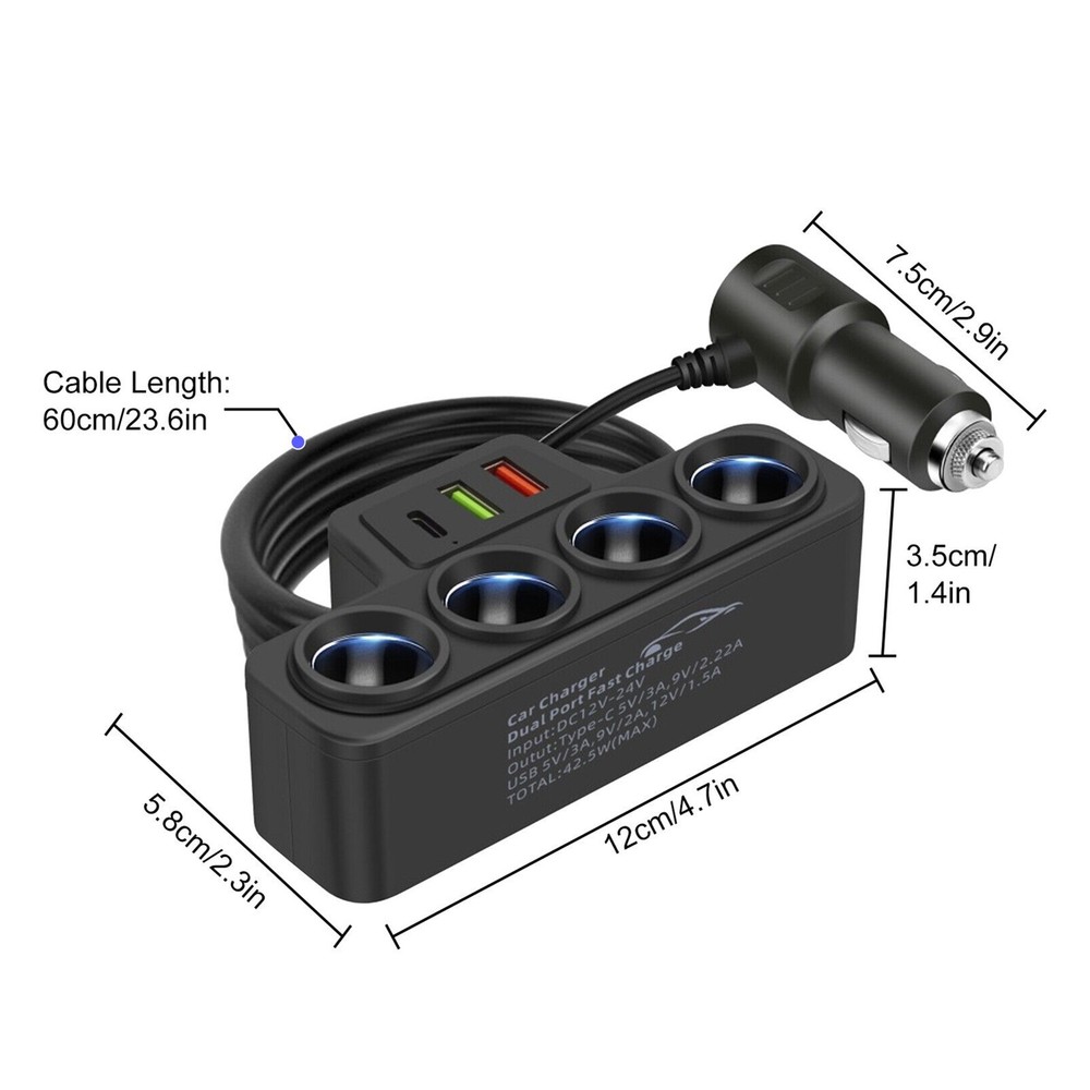 4-Socket Car Cigarette Lighter Splitter USB Fast Charger Power Adapter 120W 12V