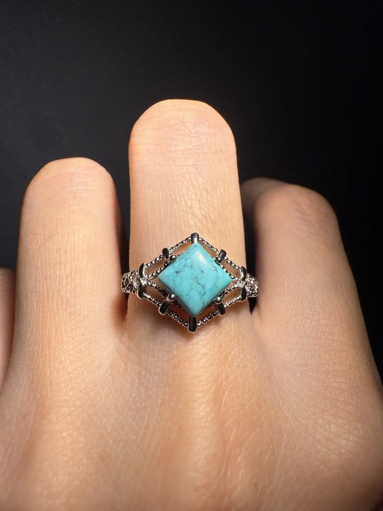 Natural Hubei Turquoise Square Ring / Silver- plated/adjustable