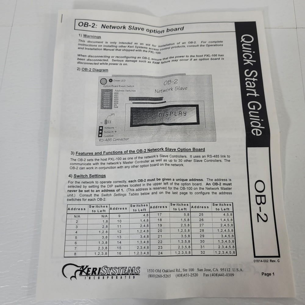 Keri Systems OB-2 Network Slave Option Board For PXL-100 Master Control System