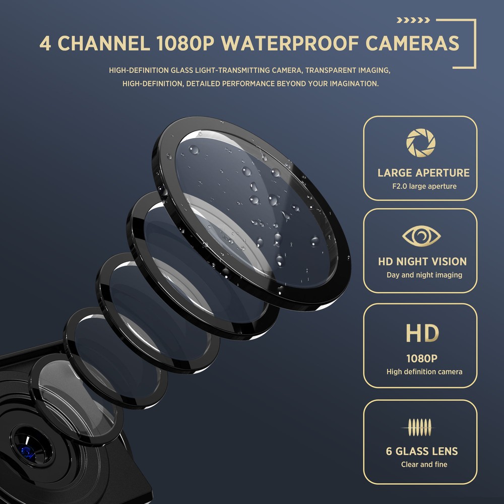 10.36" 4K Backup Camera 4CH Dash Cam with Quad Split Touch Screen & 4 AHD