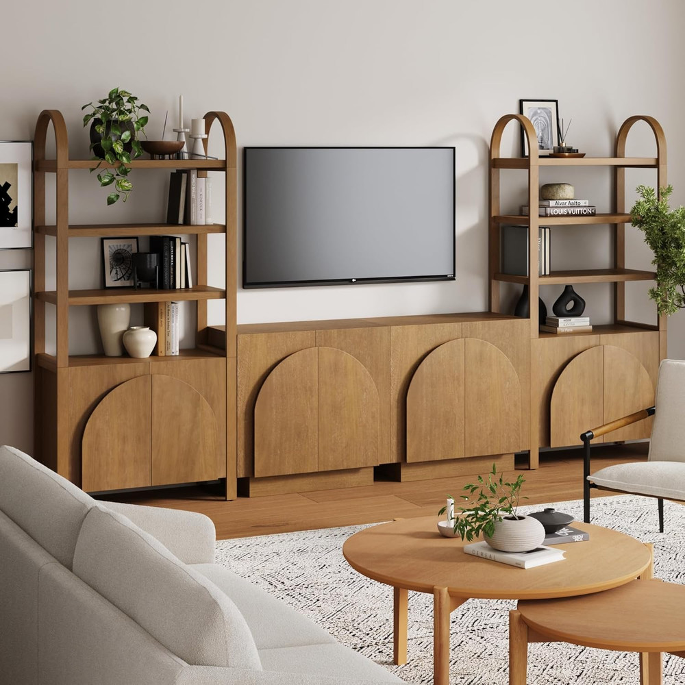 Mid-Century Modern Iris Sideboard & Bookcase Set in Light Brown Wood