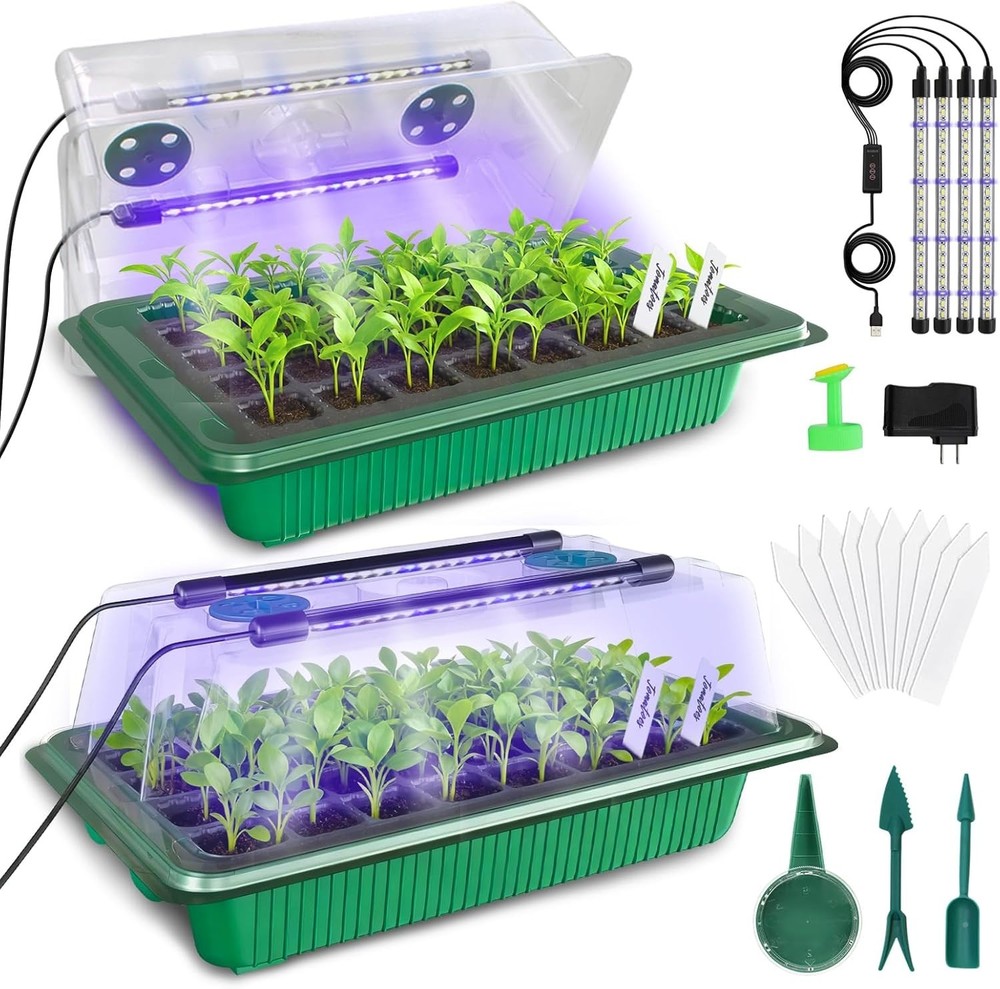 80-Cell Seed Starter Tray with Grow Light, 2-Pack Adjustable Brightness Seed ...