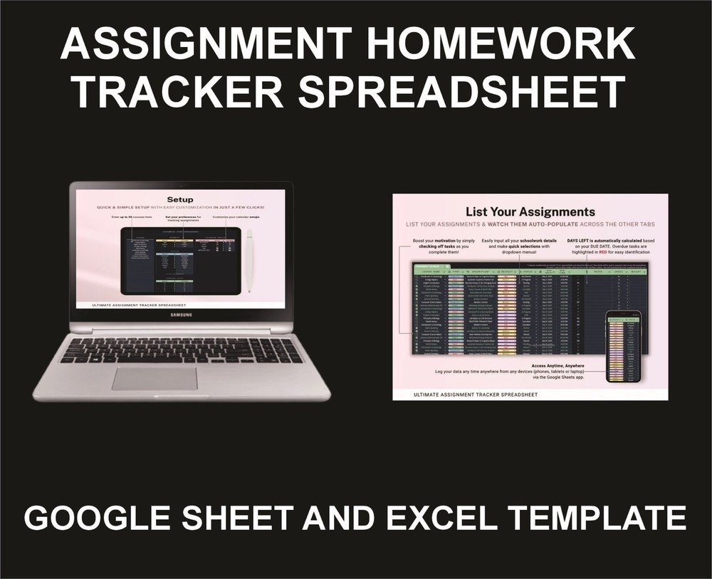 Assignment, Homework Tracker, Excel and Google Sheets Template