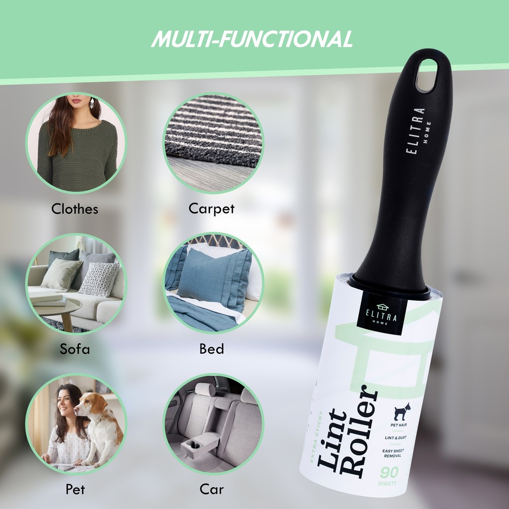 Elitra Extra Sticky Lint Roller Lightweight Handle + 4 Refill Packs (450 Sheets)