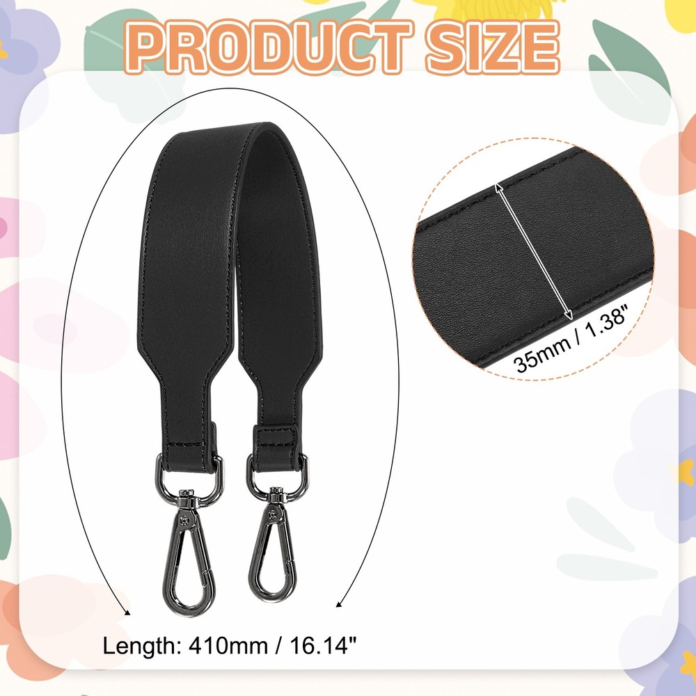 16 Inch Leather Purse Strap, Plain Pattern with Black Buckle, Black