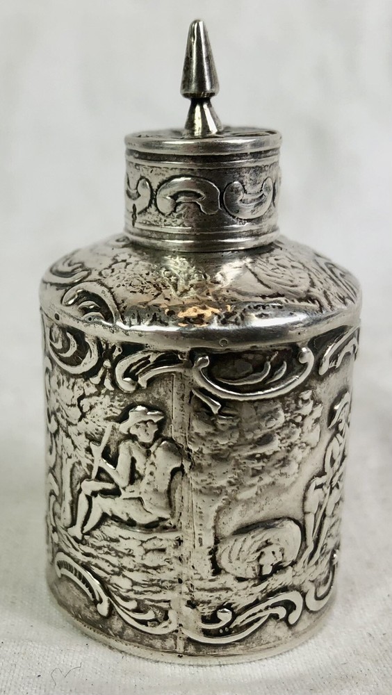ANTIQUE SOLID SILVER MINIATURE TEA CADDY, REPOUSSE, DUTCH / ENGLISH, VICTORIAN