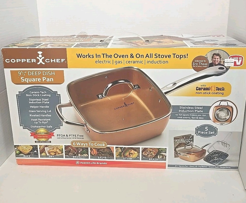 New Copper Chef cookware 9.5” Deep Dish Square Pan 5 Piece Set Non Stick