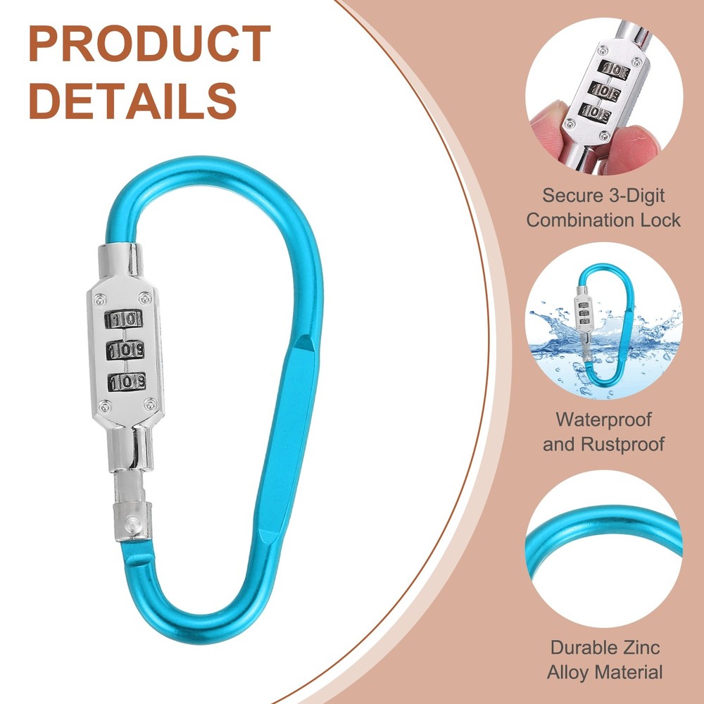 2 Pcs 3.8" x 1.8" D-Shaped 3-Digit Code Combination Lock D-Ring Clip, Light Blue