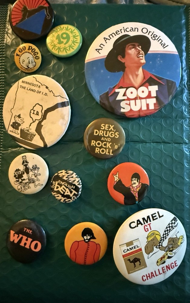 Huge Collection Pinback Buttons: Protest, Car Races, Community, Rock