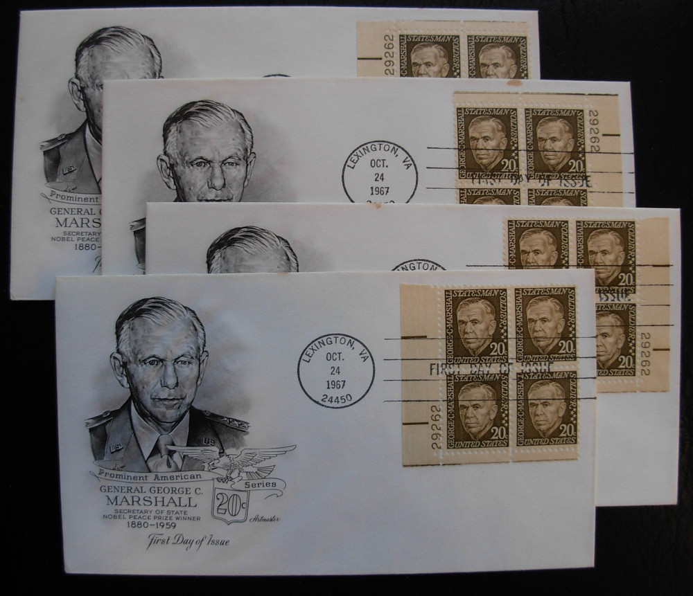 1289 George Marshall, FDC - Matched Set Plate # 29262 Blocks Artmaster