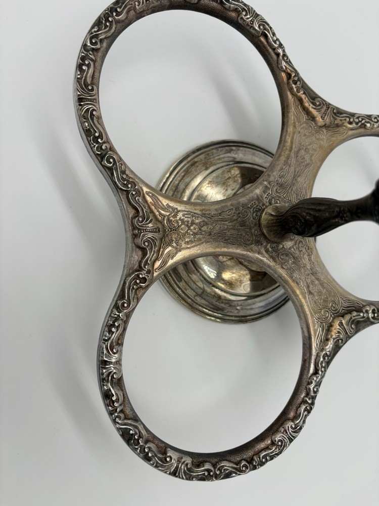 Vintage Sheridan silver-plated condiment caddy with ornate scrollwork