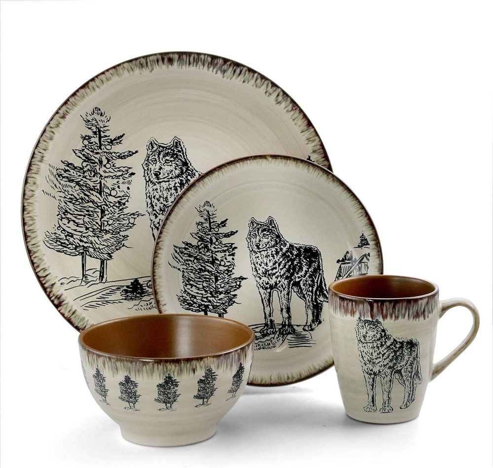 16-Pc Stoneware Dinnerware Set Wolf Design Round Plates Warm Taupe & Brown