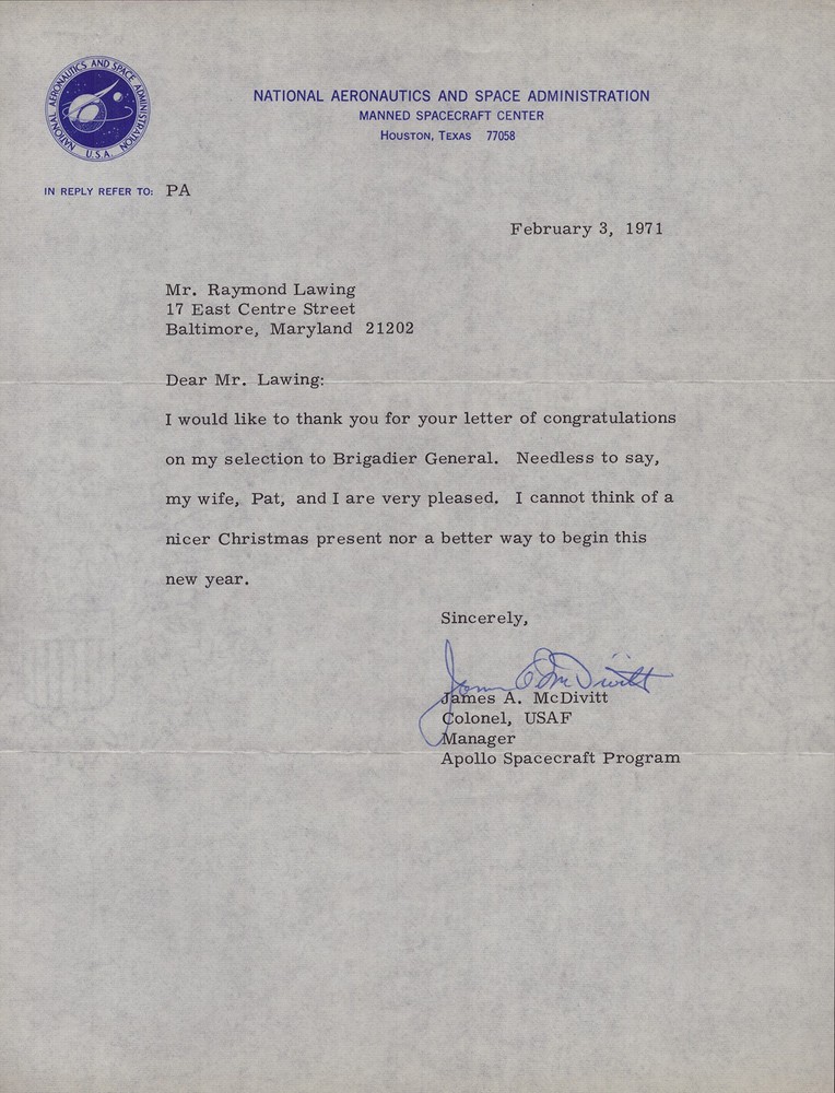 JAMES A. McDIVITT - TYPED LETTER SIGNED 02/03/1971