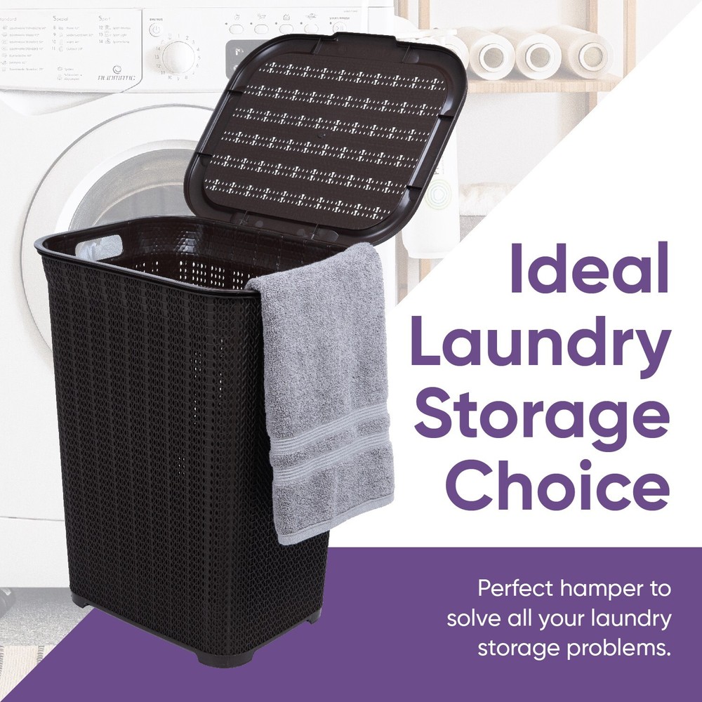 Plastic Laundry Hamper with Lid, Knit Style - Brown, 50 Liter (2 Pack)