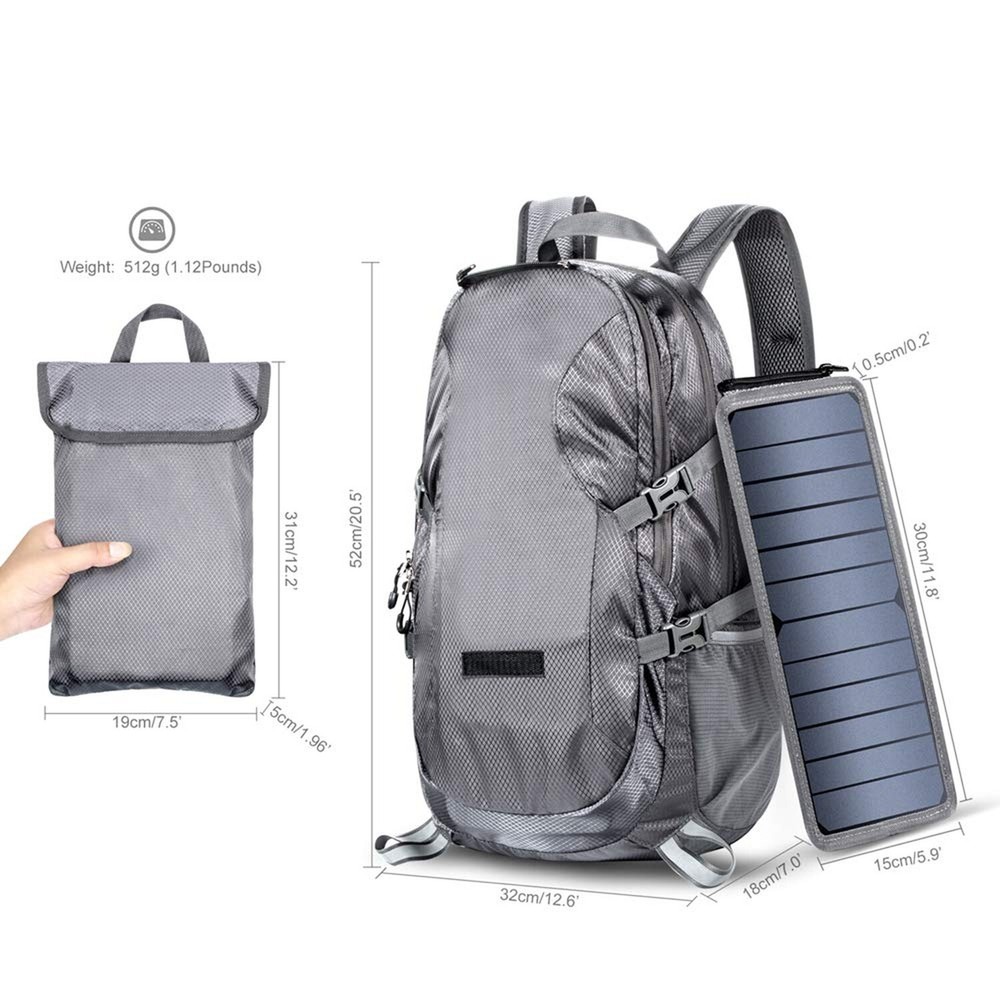 Solar Backpack Foldable Hiking Daypack With 5V Power Supply Grey Fast Ship