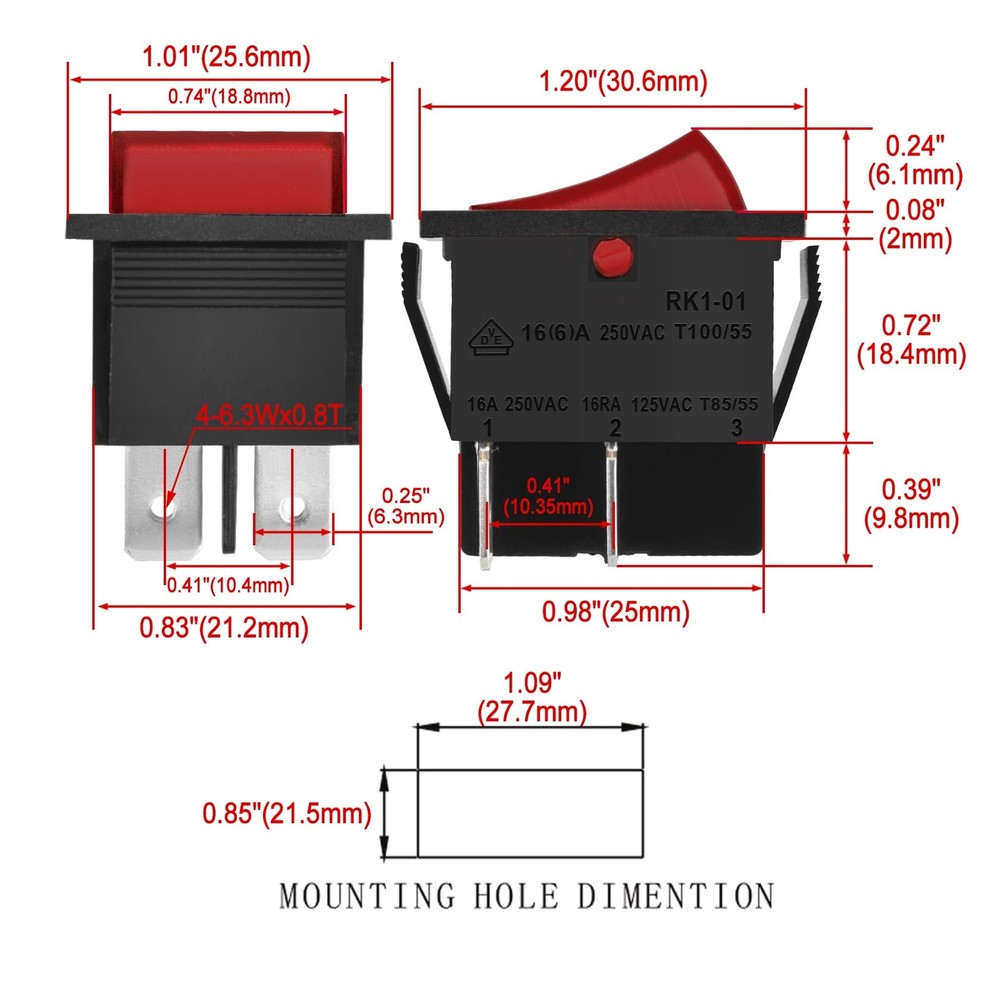 Heschen Rocker Switch ON-Off DPST 4 Terminals Red Light 16A 2 Piece,