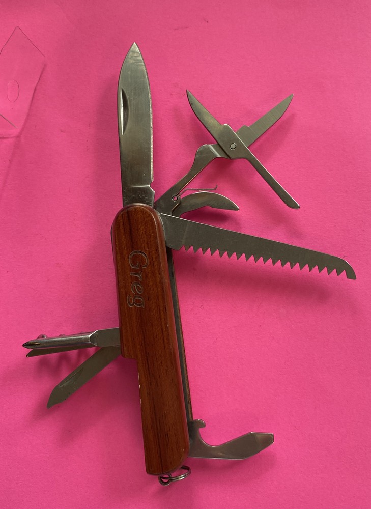 *NOS* 9 FUNCTION ENGRVAED (GREG) WOODEN HANDLE MULTI-TOOL-FREE SHIPPING*