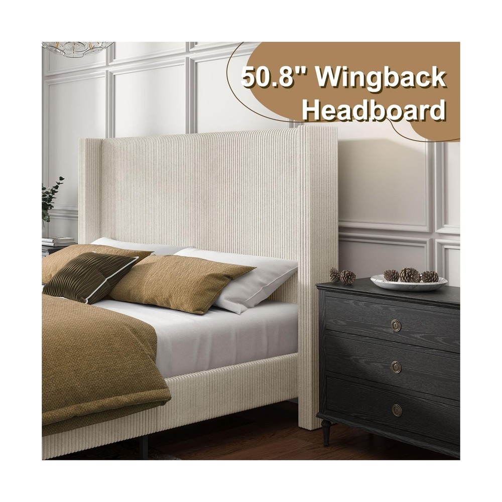 HOWE King Size Upholstered Platform Bed Frame, Wingback Bed with 50.8" Headbo...