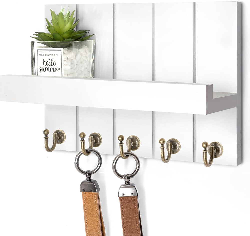Key Holder For Wall Decorative Mail Organizer Wall Mount With 5 Key Hooks White