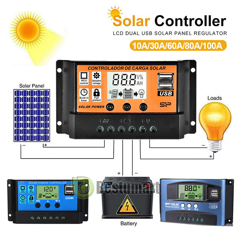 12V/24V 100A MPPT Solar Panel Battery Regulator Auto Charge Controller Dual USB