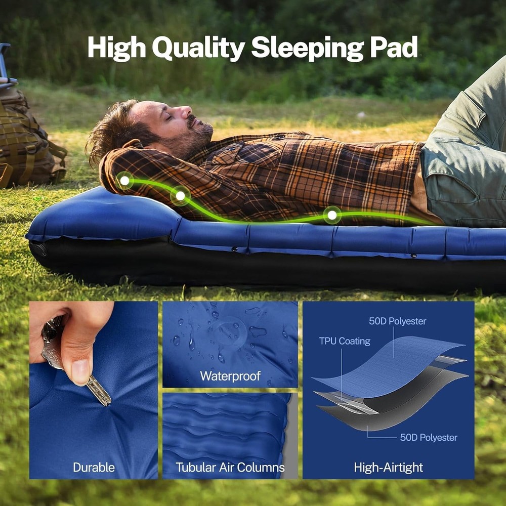 6" Extra-Thick Self-Inflating Camping Sleeping Pad with Pillows & Pump - Blue