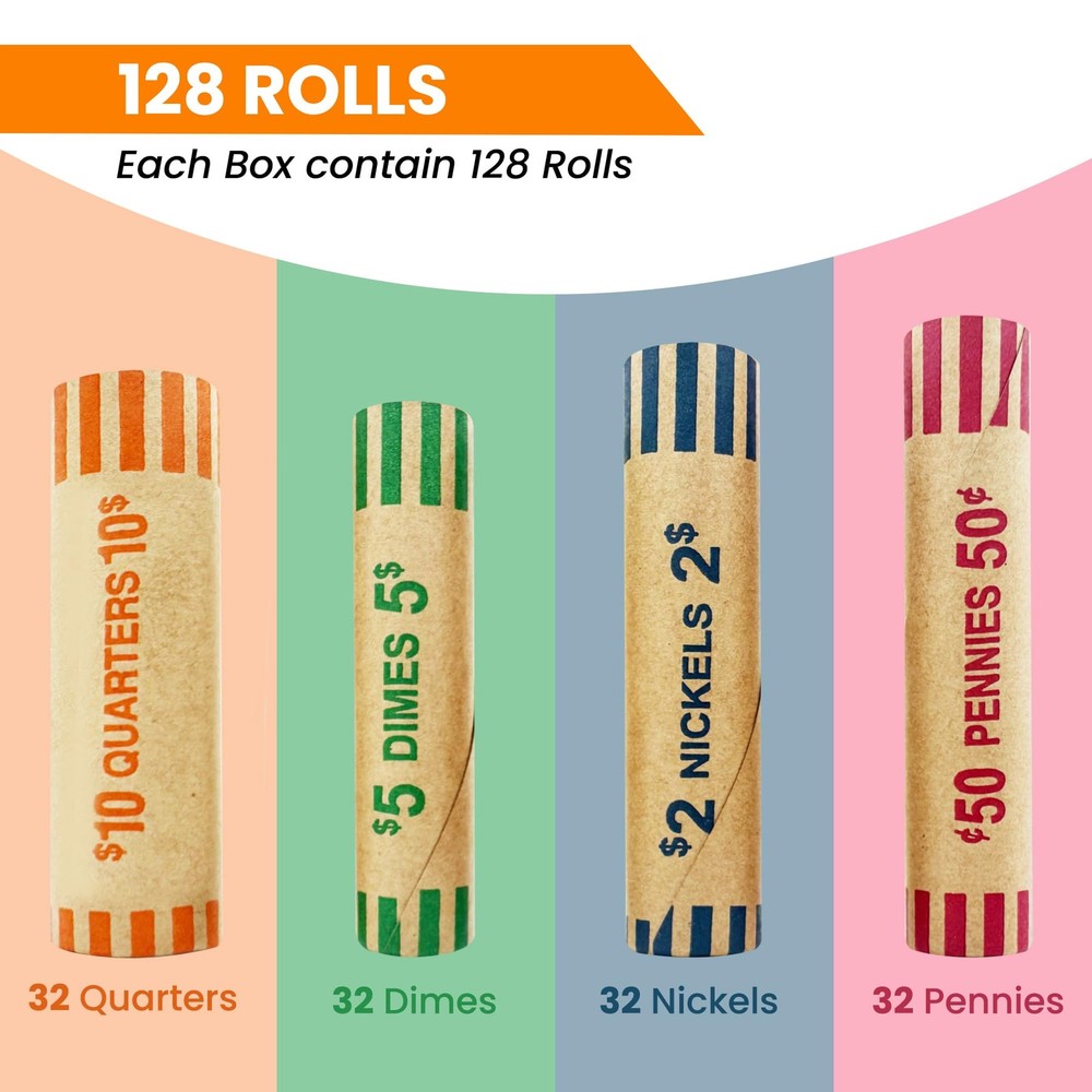 128 Pcs Preformed Coin Wrappers Rolls — Assorted Heavy Duty Rolls Wrappers fo...