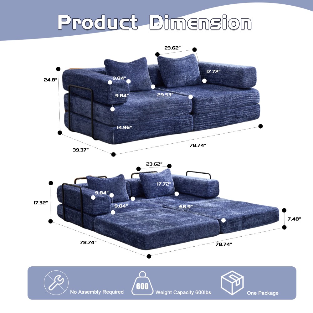 Foldable Sofa Bed with Memory Foam - Dark Blue Chenille Fabric