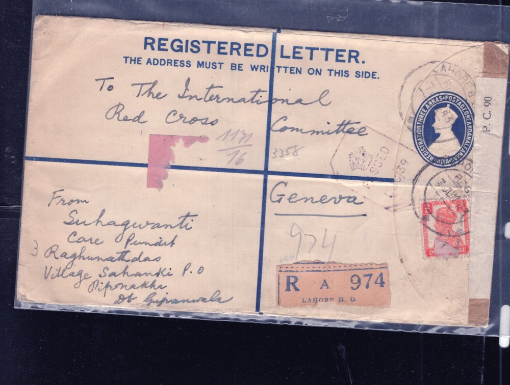 India  large  registered  envelope to Red Cross,  Switzerland  censor