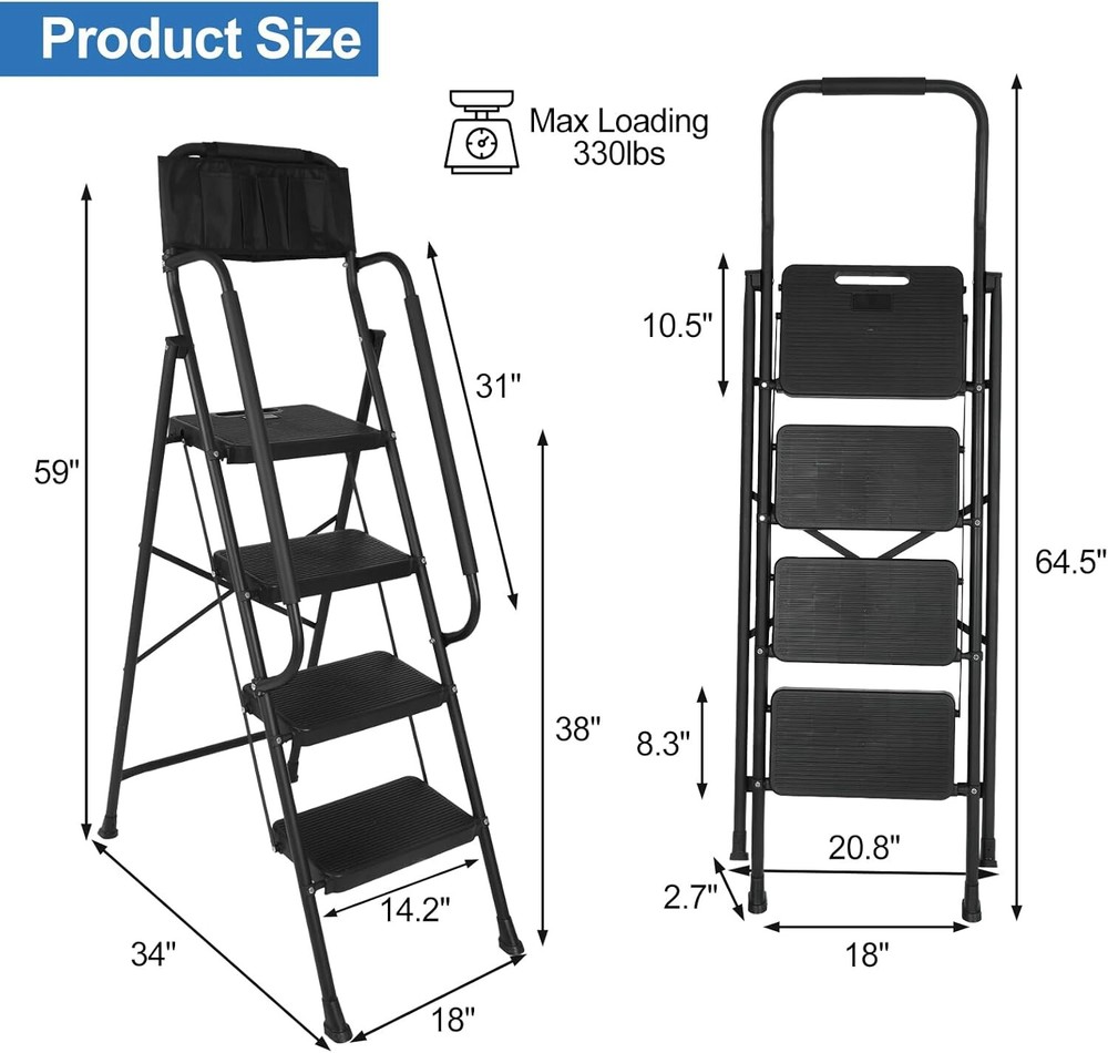4 Step Ladder+Handrails & Attachable Tool Bag, Folding Step Stool Ladder 330 lbs