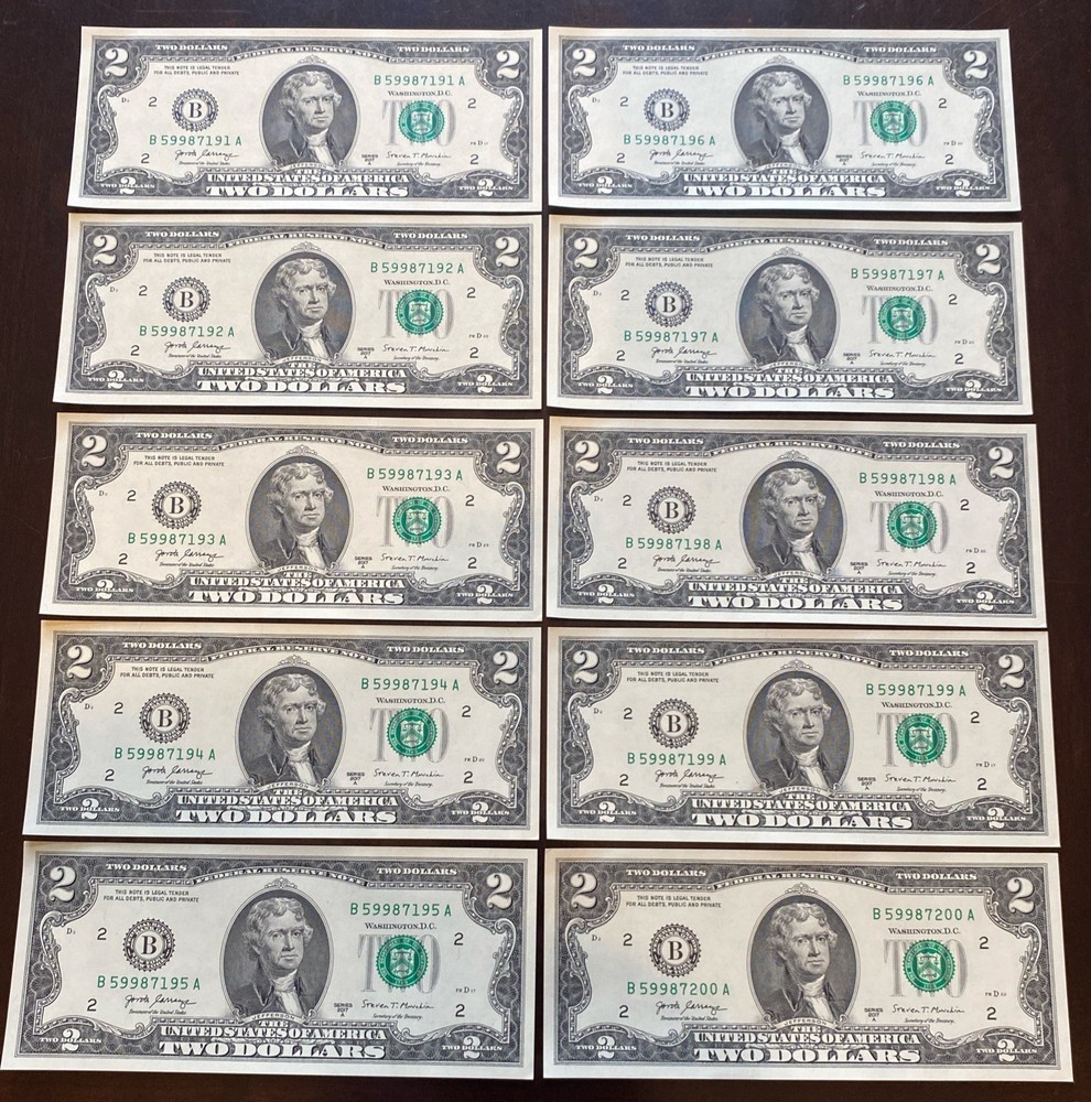 US 2017-A-$2 BILLS-UNCIRCULATED -(10) CONSECUTIVE SERIAL #’s- US BANK NOTES