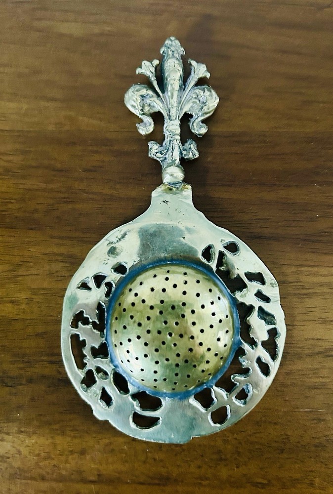 Silver-Plated Brass Tea Strainer Fleur-De-Lis Handle 5.5" Over Cup Vintage