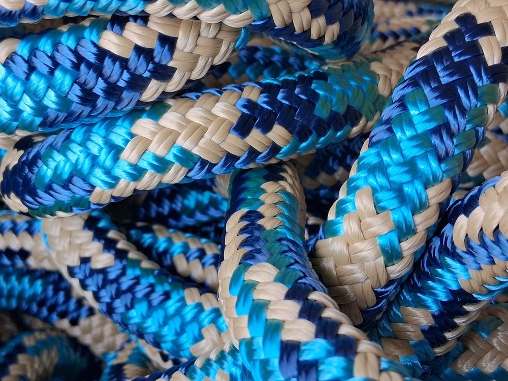 9/16 " x 200 ft. Double Braid-Yacht Braid Polyester Rope . Denim/Light Blue/Tan.